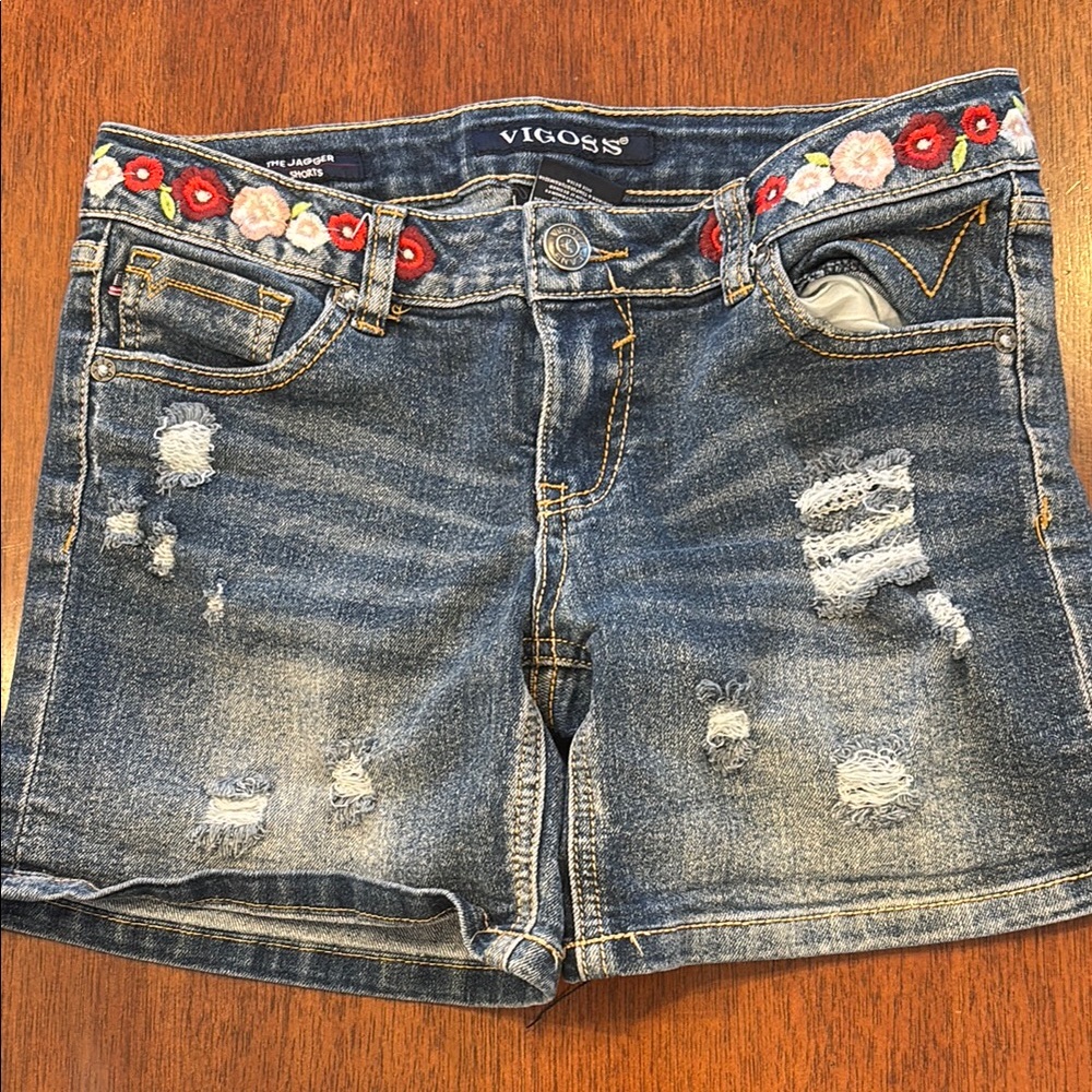 Vigoss Women's Blue Denim Shorts with Floral Embroidery